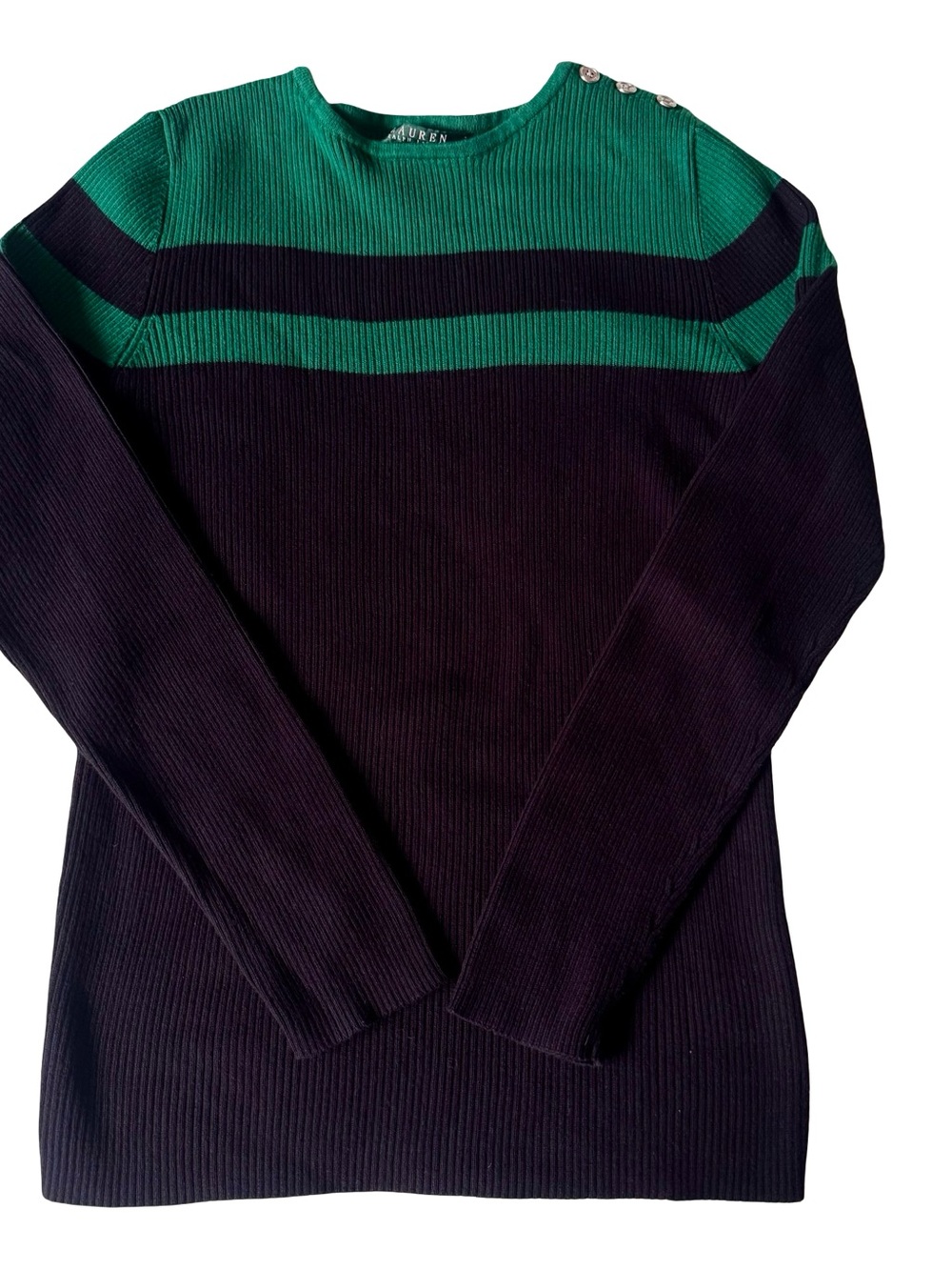 Lauren Ralph Lauren Women’s Green Black Striped Rib-Knit Button Sweater Size M